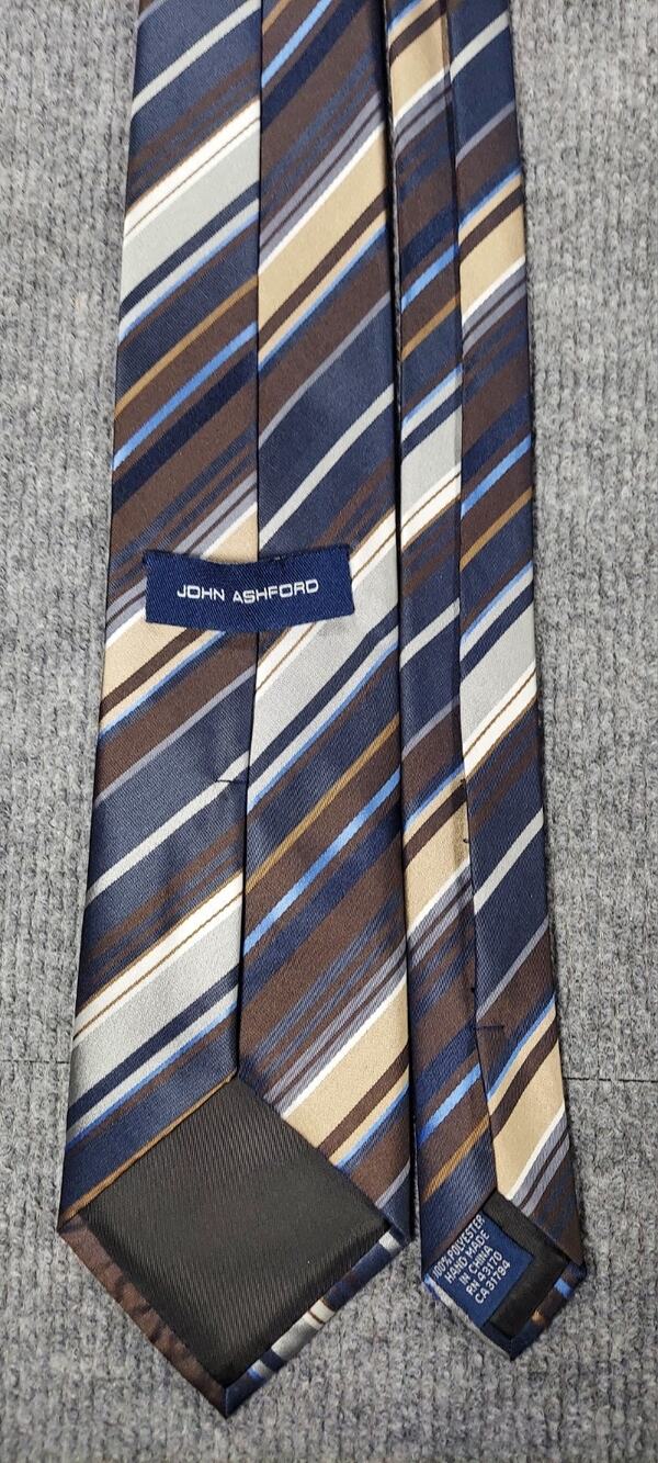 John Ashford Men's Necktie Blue Navy Brown Striped 100% Polyester Classic Width